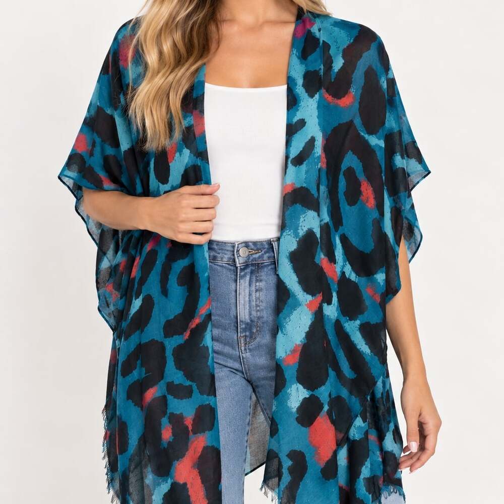 NWT Do Everything In Love Blue Teal Abstract Animal Print Open Front Kimono Wrap